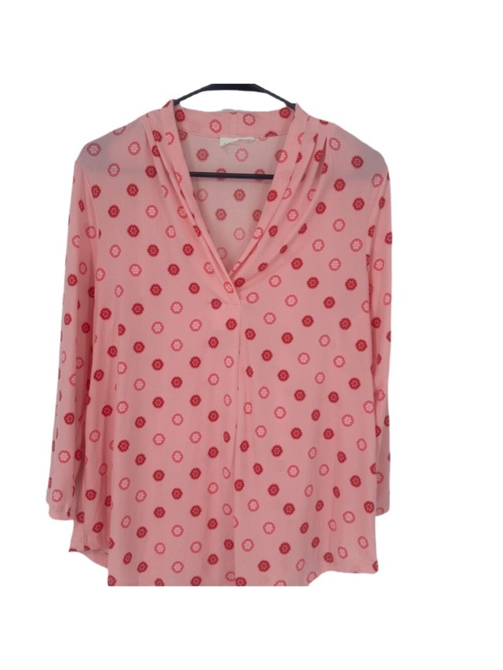 Charter Club Blouse Medium Pink Red Geometric Medallion Split Neck Stretch Knit